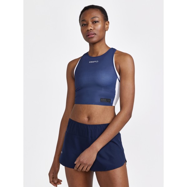CRAFT ŽENSKA TEKAŠKA MAJICA BREZ ROKAVOV PRO HYPERVENT CROPPED TOP MODRA IN BELA BLAZE-FLEX